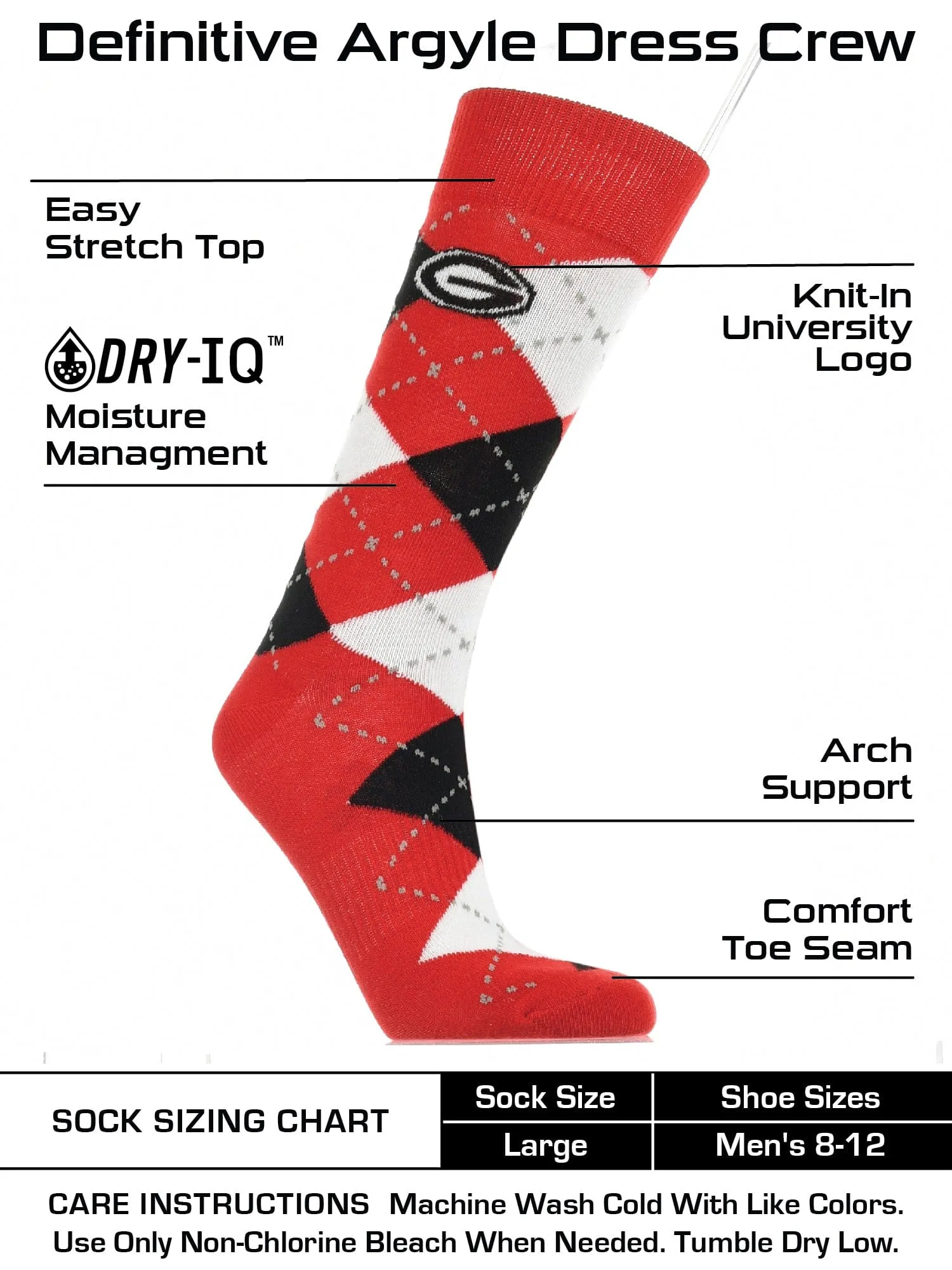 Georgia Bulldogs Argyle Dress Socks NCAA Fanwear Crew Length