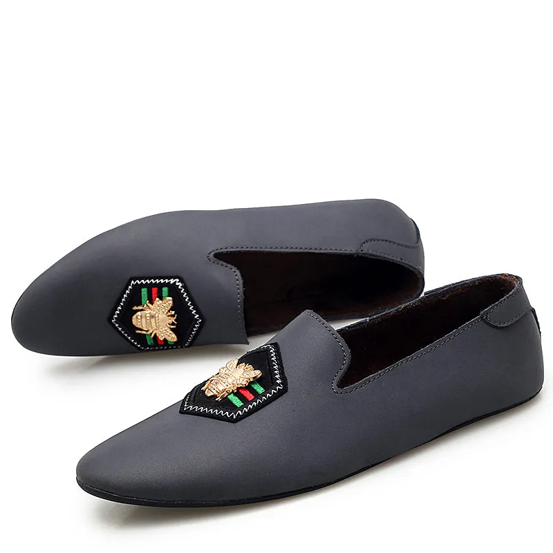 Men's Stylish Loafers Bee Embroidery Leather Shoes For Men | 597