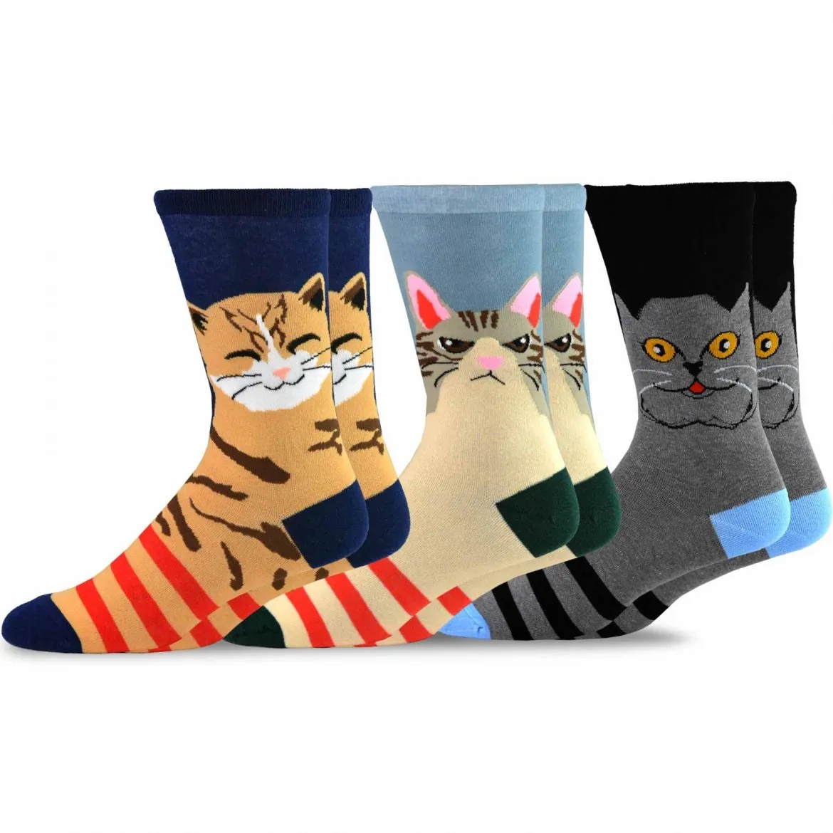 TeeHee Socks Men's Novelty Cotton Crew Cat Face 3-Pack (51133)